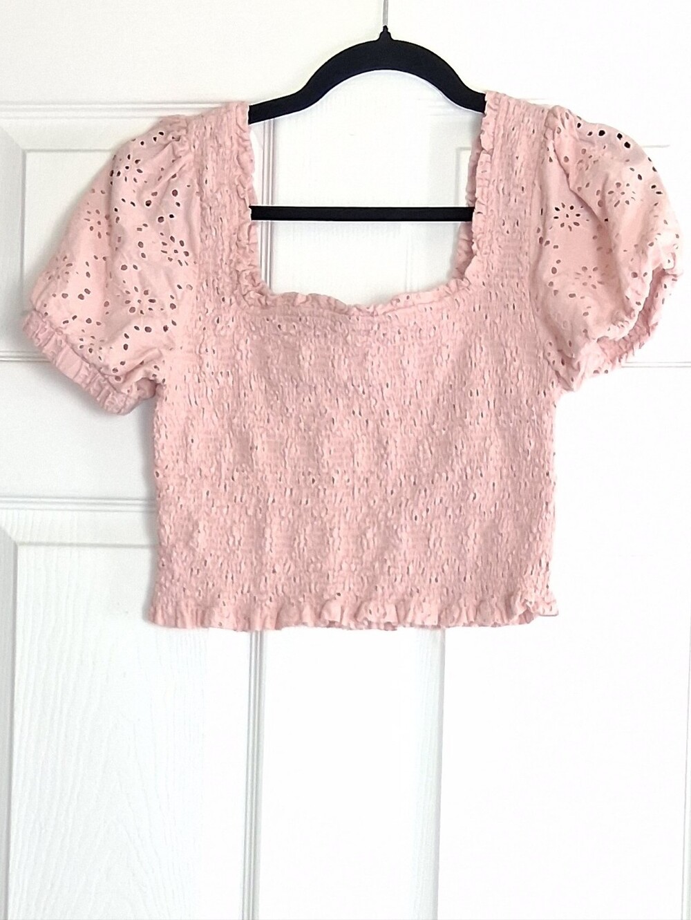 ASTR Peachy Pink Puff 100% Cotton Sleeve Eyelet Smocked Crop Top